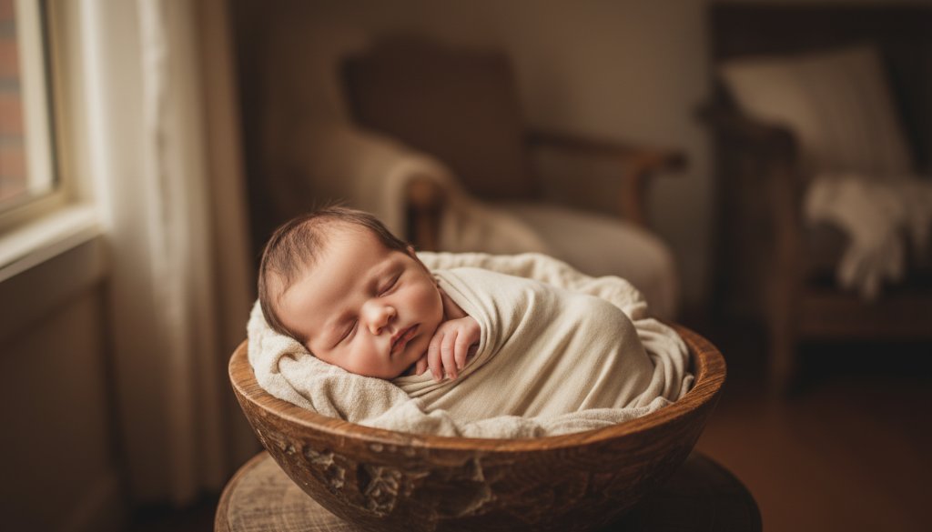 A heartwarming, softly lit photograph capturing tender Hughesdale newborn photography moments, featuring a tiny baby swaddled peacefully in a rustic basket, with a parent's gentle hand caressing their head, bathed in golden hour light creating an epic, ethereal glow.