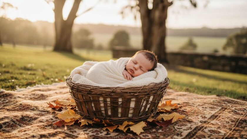 A heartwarming, 'tender Kyneton newborn photography memories' shot of a sleeping baby swaddled in natural fibres, nestled amongst autumnal leaves with the soft golden light of Kyneton's countryside filtering through.