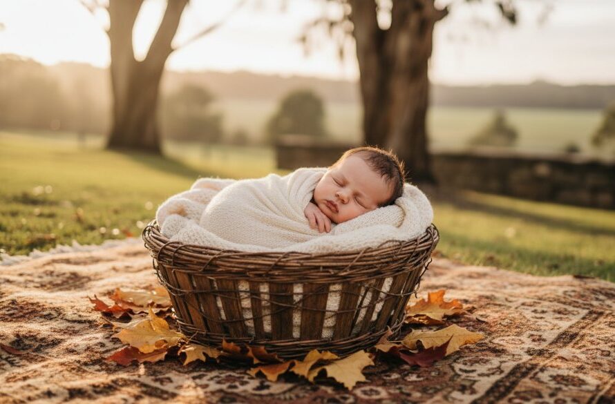 A heartwarming, 'tender Kyneton newborn photography memories' shot of a sleeping baby swaddled in natural fibres, nestled amongst autumnal leaves with the soft golden light of Kyneton's countryside filtering through.