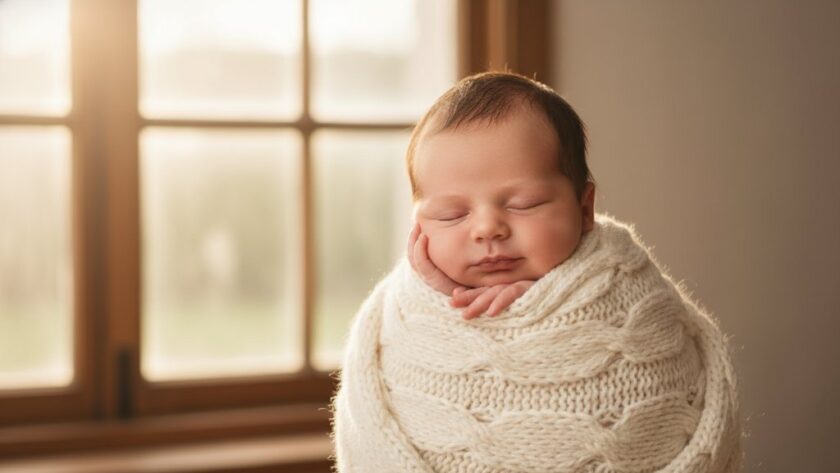 A heartwarming and serene 'epic moment' photograph of a newborn baby gently swaddled in soft, earthy tones, nestled peacefully in a beautifully rustic wooden prop, with the soft, ethereal light reminiscent of a quiet Ballarat Central morning streaming in from a large window. The baby's tiny hand is curled sweetly, and the composition focuses on their delicate features, evoking a sense of calm and new beginnings, captured with the expertise of tender newborn photography Ballarat Central studio.