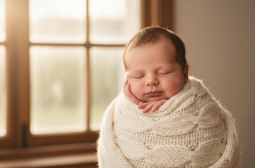 A heartwarming and serene 'epic moment' photograph of a newborn baby gently swaddled in soft, earthy tones, nestled peacefully in a beautifully rustic wooden prop, with the soft, ethereal light reminiscent of a quiet Ballarat Central morning streaming in from a large window. The baby's tiny hand is curled sweetly, and the composition focuses on their delicate features, evoking a sense of calm and new beginnings, captured with the expertise of tender newborn photography Ballarat Central studio.