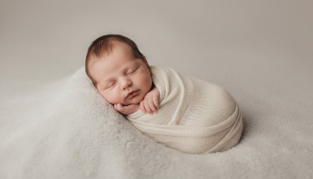 An exquisite, tender newborn photography Burwood portrait capturing a sleeping baby swaddled in soft cream fabric, gently posed in a minimalist studio setting. Soft, dramatic window light illuminates the scene from the side, creating artistic shadows and highlights that emphasize the baby's delicate features, signifying a cherished, peaceful family moment.