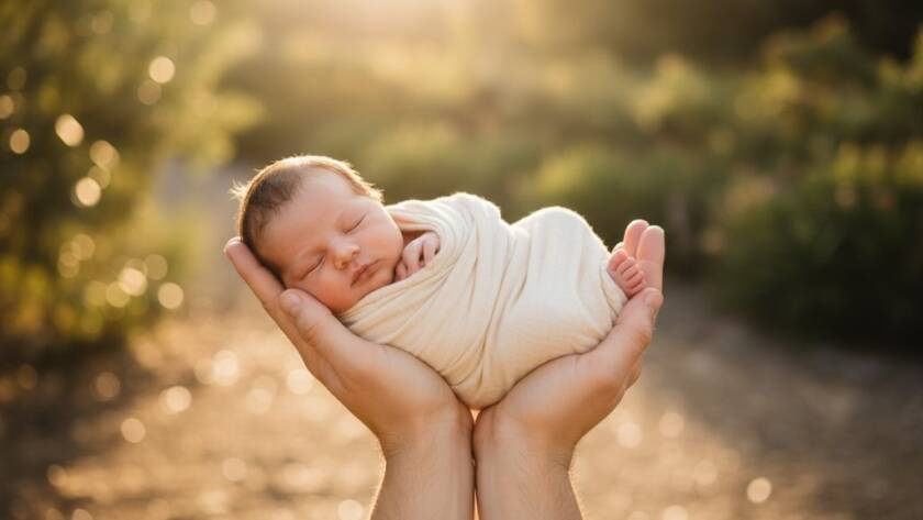 An intimate, golden-hour portrait capturing the serenity of a newborn cradled gently in loving parents' hands, set against a softly blurred, warm backdrop hinting at the natural beauty of Ferntree Gully, epitomising tender newborn photography Ferntree Gully Victoria.