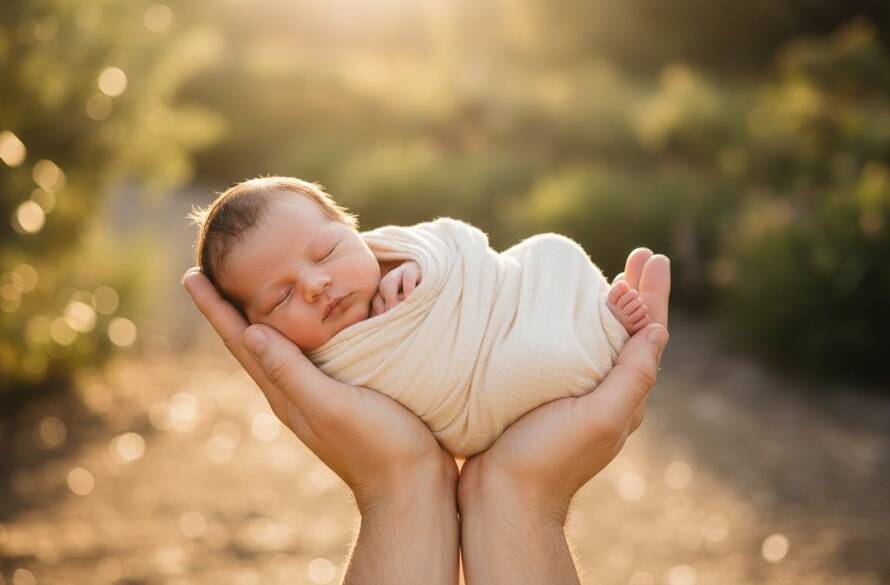 An intimate, golden-hour portrait capturing the serenity of a newborn cradled gently in loving parents' hands, set against a softly blurred, warm backdrop hinting at the natural beauty of Ferntree Gully, epitomising tender newborn photography Ferntree Gully Victoria.