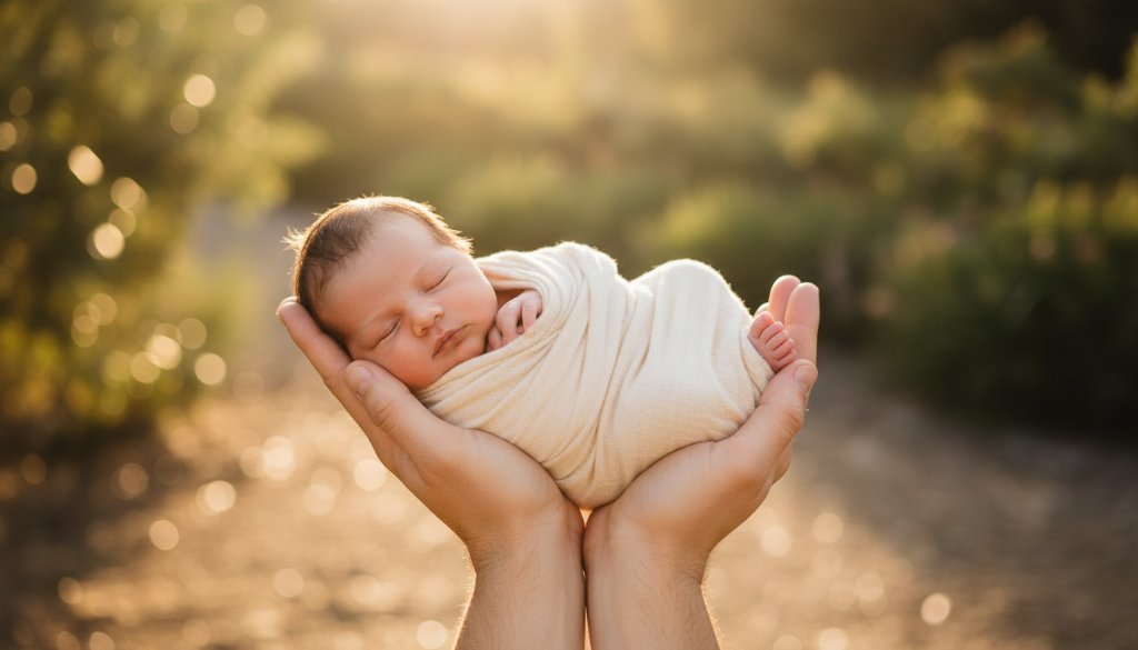 An intimate, golden-hour portrait capturing the serenity of a newborn cradled gently in loving parents' hands, set against a softly blurred, warm backdrop hinting at the natural beauty of Ferntree Gully, epitomising tender newborn photography Ferntree Gully Victoria.