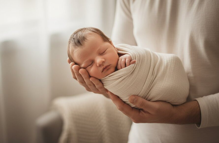 A tender newborn photography Highton Victoria portrait featuring a peacefully sleeping baby swaddled in soft white fabric, gently cradled in a parent's hands, bathed in a warm, ethereal glow from a window, capturing an epic moment of pure innocence and familial love.