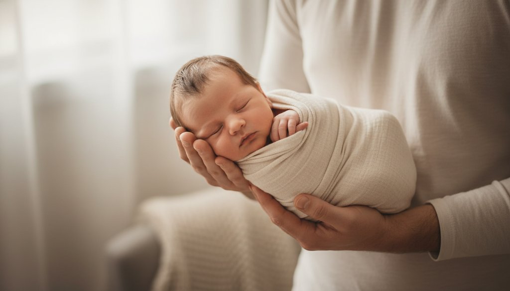 A tender newborn photography Highton Victoria portrait featuring a peacefully sleeping baby swaddled in soft white fabric, gently cradled in a parent's hands, bathed in a warm, ethereal glow from a window, capturing an epic moment of pure innocence and familial love.