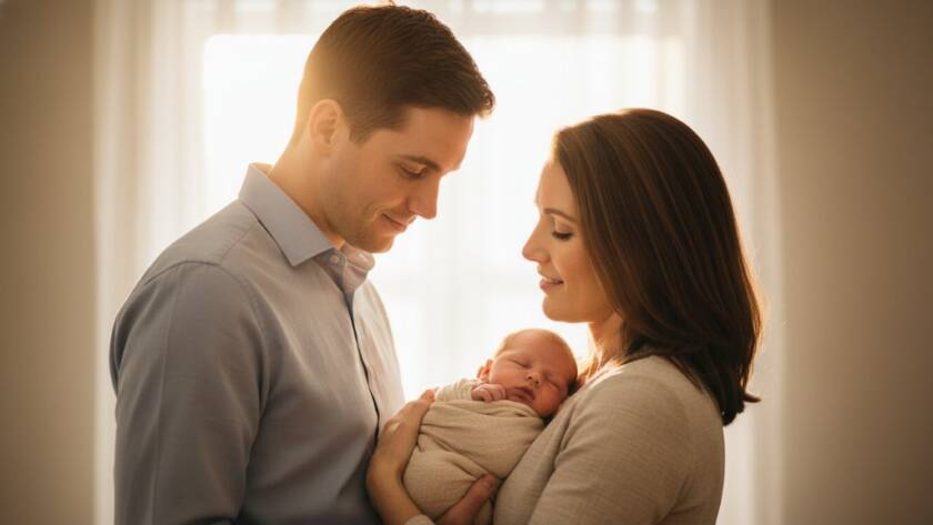 An intimate and tender newborn photography Melton South family moments captured, featuring parents gently cradling their peacefully sleeping baby, bathed in soft, warm window light, evoking a sense of pure love and connection in a beautifully styled studio setting.