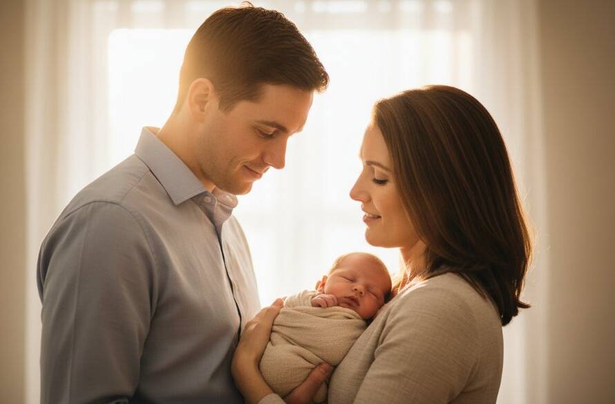 An intimate and tender newborn photography Melton South family moments captured, featuring parents gently cradling their peacefully sleeping baby, bathed in soft, warm window light, evoking a sense of pure love and connection in a beautifully styled studio setting.