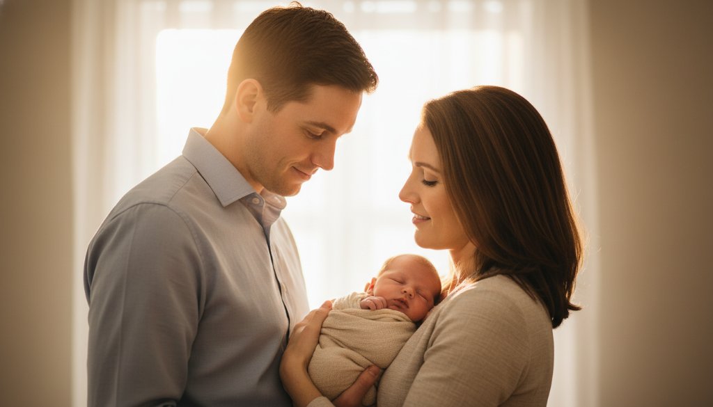 An intimate and tender newborn photography Melton South family moments captured, featuring parents gently cradling their peacefully sleeping baby, bathed in soft, warm window light, evoking a sense of pure love and connection in a beautifully styled studio setting.