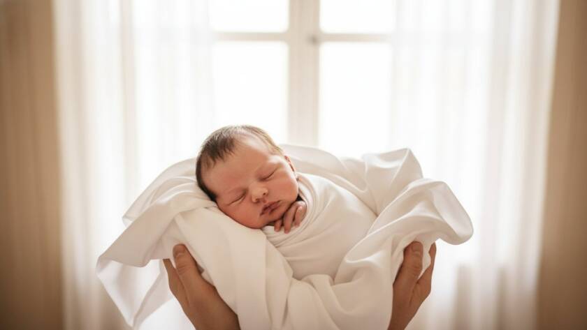 A tender newborn photography Narre Warren portrait, showing a baby swaddled in soft white fabric, gently cradled in parents' hands, with warm, ethereal backlight creating a halo effect, captured in a Narre Warren home studio.