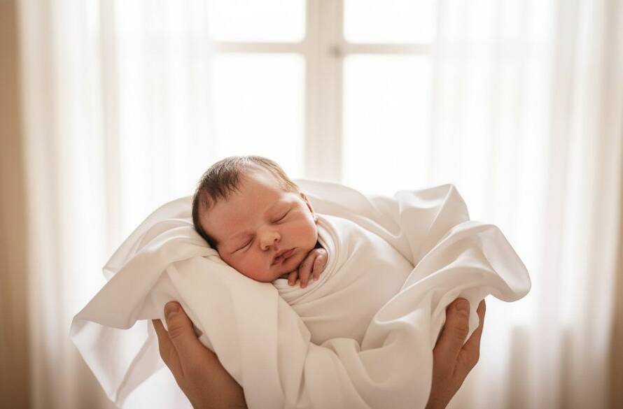 A tender newborn photography Narre Warren portrait, showing a baby swaddled in soft white fabric, gently cradled in parents' hands, with warm, ethereal backlight creating a halo effect, captured in a Narre Warren home studio.