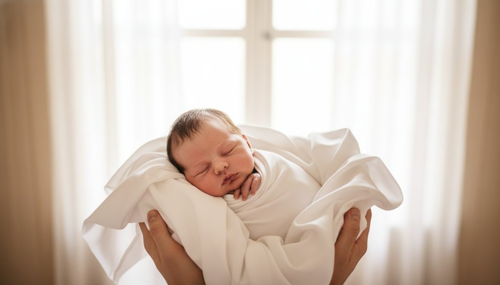 A tender newborn photography Narre Warren portrait, showing a baby swaddled in soft white fabric, gently cradled in parents' hands, with warm, ethereal backlight creating a halo effect, captured in a Narre Warren home studio.