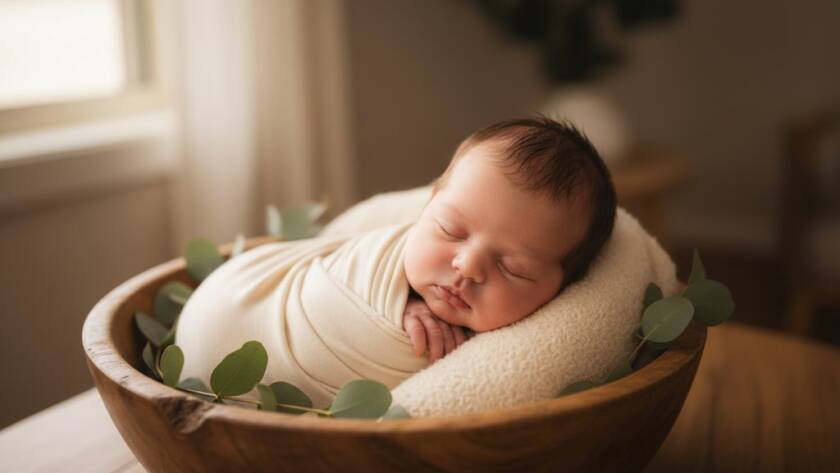 An artistic close-up of a peacefully sleeping newborn baby in a soft wrap, bathed in warm, ethereal light, representing the tender newborn photography sessions Bayswater families can cherish. The image captures intricate details of tiny fingers and toes, set against a blurred, cozy backdrop in an 'epic moment' style.