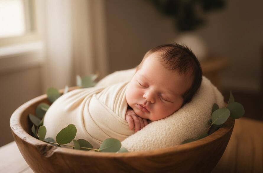 An artistic close-up of a peacefully sleeping newborn baby in a soft wrap, bathed in warm, ethereal light, representing the tender newborn photography sessions Bayswater families can cherish. The image captures intricate details of tiny fingers and toes, set against a blurred, cozy backdrop in an 'epic moment' style.