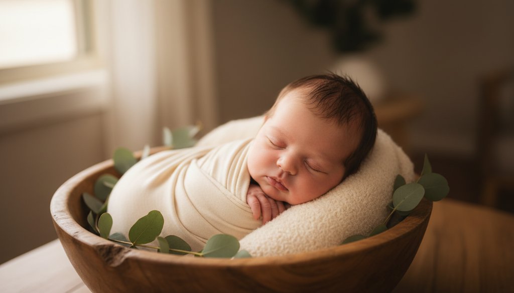 An artistic close-up of a peacefully sleeping newborn baby in a soft wrap, bathed in warm, ethereal light, representing the tender newborn photography sessions Bayswater families can cherish. The image captures intricate details of tiny fingers and toes, set against a blurred, cozy backdrop in an 'epic moment' style.