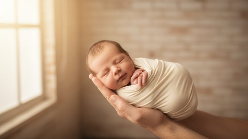 An intimate and tender newborn photography session in North Geelong, featuring a sleeping baby swaddled in soft white fabric, gently cradled in parent's hands, bathed in warm, ethereal light, showcasing the delicate beauty of new life, captured with artistic professional photography.