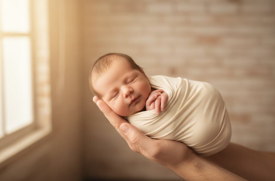 An intimate and tender newborn photography session in North Geelong, featuring a sleeping baby swaddled in soft white fabric, gently cradled in parent's hands, bathed in warm, ethereal light, showcasing the delicate beauty of new life, captured with artistic professional photography.
