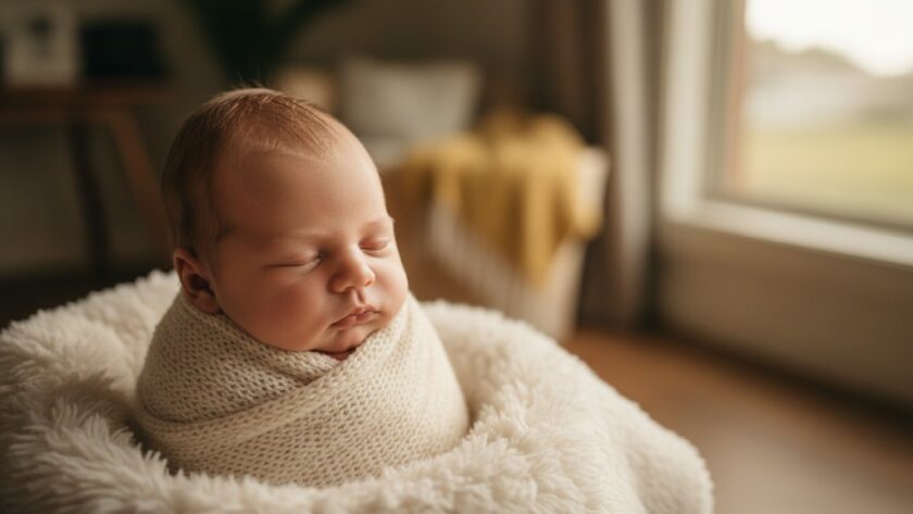 A breathtaking, warm-toned close-up of a peacefully sleeping newborn baby wrapped in soft, cream fabric, gently held in a parent's hands, with dramatic natural light filtering through a window, creating soft highlights and deep shadows, captured by a professional photographer in Wonthaggi, Victoria.