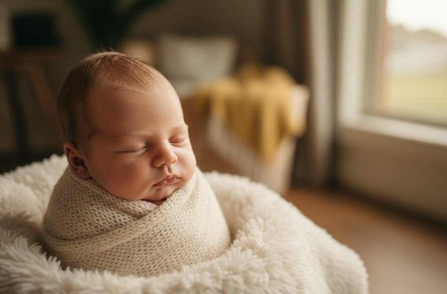 A breathtaking, warm-toned close-up of a peacefully sleeping newborn baby wrapped in soft, cream fabric, gently held in a parent's hands, with dramatic natural light filtering through a window, creating soft highlights and deep shadows, captured by a professional photographer in Wonthaggi, Victoria.