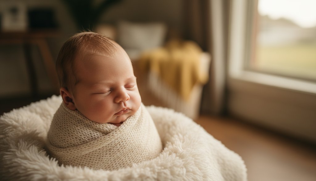 A breathtaking, warm-toned close-up of a peacefully sleeping newborn baby wrapped in soft, cream fabric, gently held in a parent's hands, with dramatic natural light filtering through a window, creating soft highlights and deep shadows, captured by a professional photographer in Wonthaggi, Victoria.