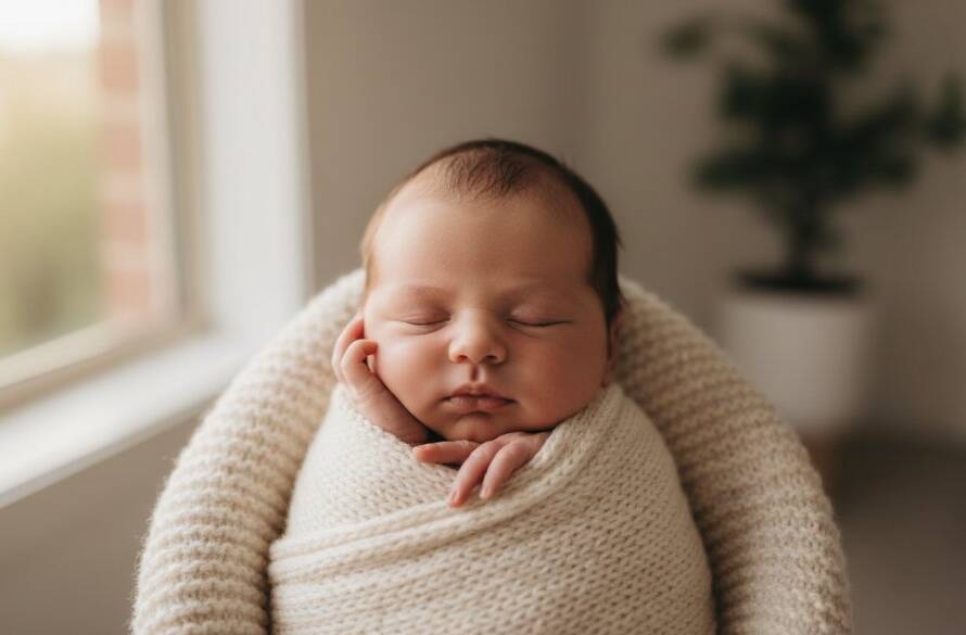An intimate, professionally lit portrait of a newborn baby gently swaddled in soft cream fabric, nestled in a parent's hands, with the tender newborn photoshoot Ringwood East families backdrop subtly blurred, capturing a serene and emotional connection in a professional, colour-graded cinematic style.