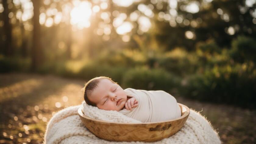 A tender Wonga Park newborn photography scene featuring a peacefully sleeping baby swaddled in soft fabric, bathed in warm, ethereal morning light filtering through eucalyptus trees in a Wonga Park setting, evoking a sense of calm and new beginnings.
