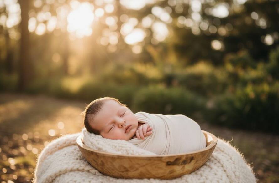 A tender Wonga Park newborn photography scene featuring a peacefully sleeping baby swaddled in soft fabric, bathed in warm, ethereal morning light filtering through eucalyptus trees in a Wonga Park setting, evoking a sense of calm and new beginnings.