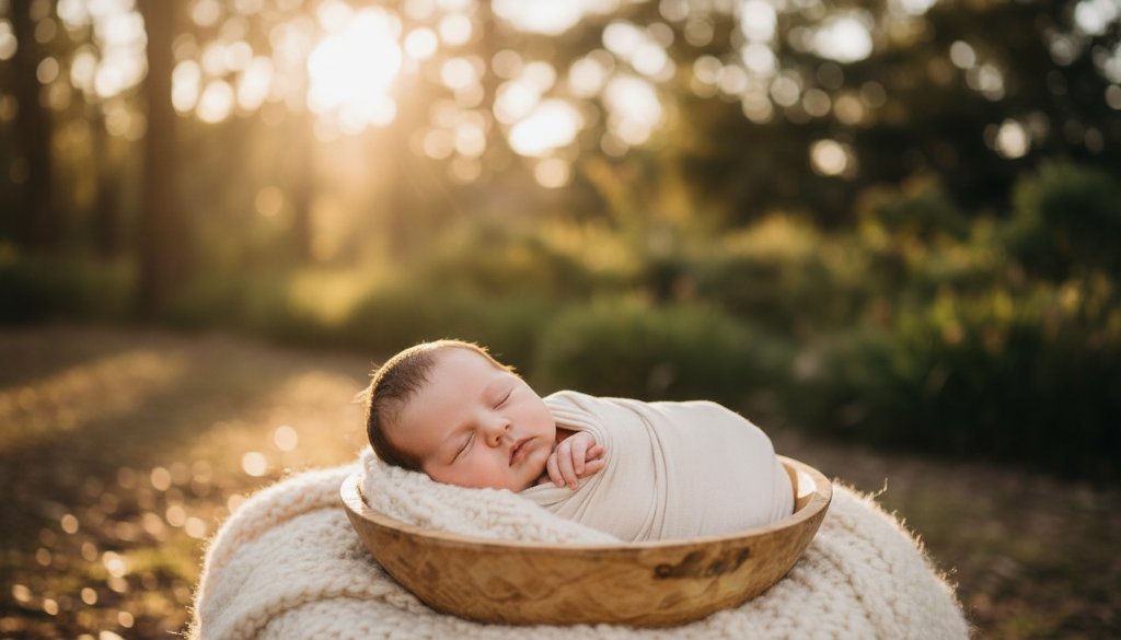 A tender Wonga Park newborn photography scene featuring a peacefully sleeping baby swaddled in soft fabric, bathed in warm, ethereal morning light filtering through eucalyptus trees in a Wonga Park setting, evoking a sense of calm and new beginnings.