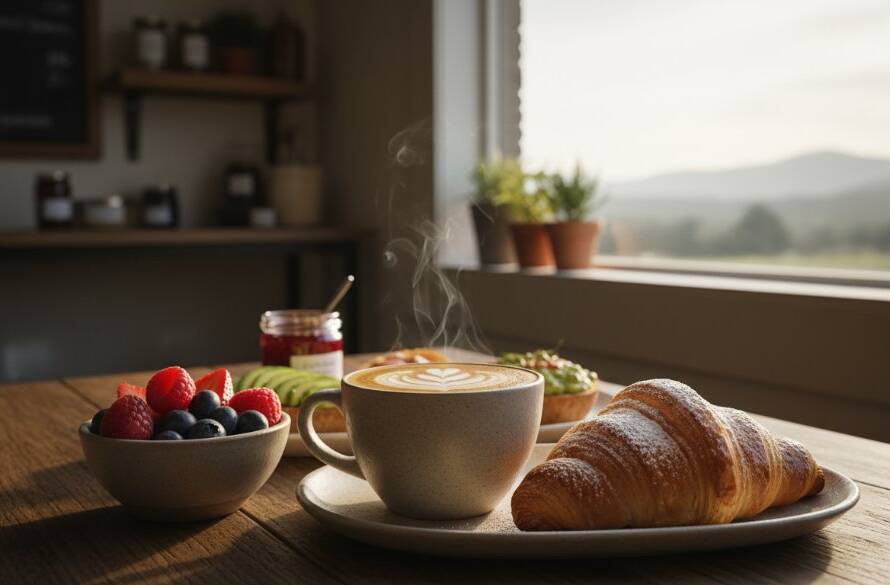 Dramatic wide shot of a barista expertly pouring latte art into a ceramic cup, steam rising, on a rustic wooden counter inside a sun-drenched cafe in The Basin, showcasing The Basin artisanal cafe food photography at its best.