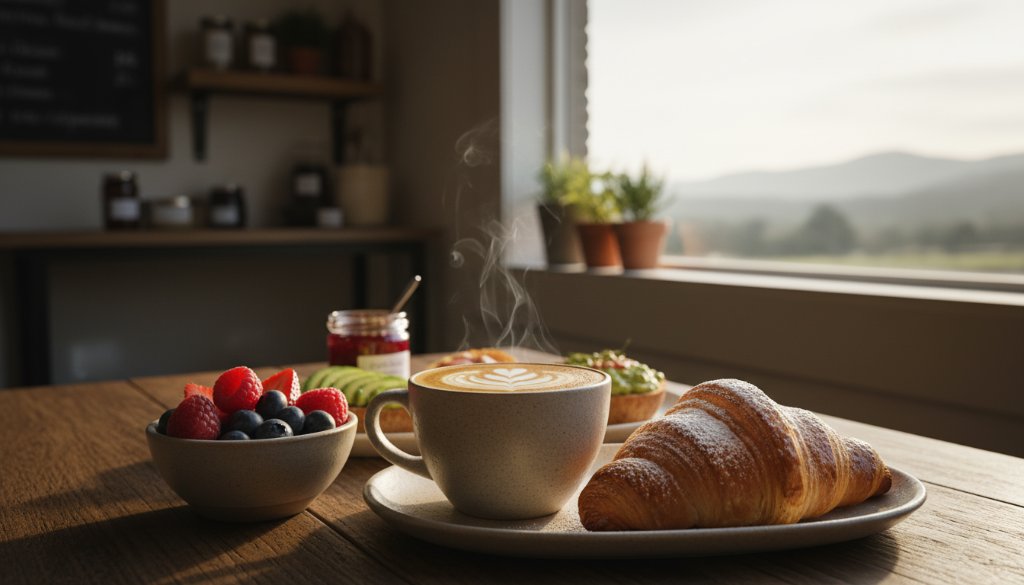Dramatic wide shot of a barista expertly pouring latte art into a ceramic cup, steam rising, on a rustic wooden counter inside a sun-drenched cafe in The Basin, showcasing The Basin artisanal cafe food photography at its best.