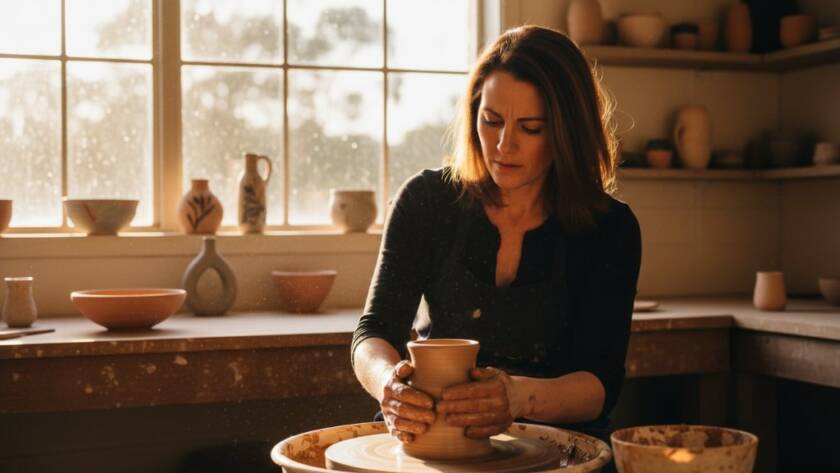 An epic moment captured: a passionate local artisan in The Basin creating ceramics, bathed in warm, cinematic light, embodying The Basin authentic brand photography.