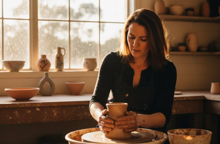 An epic moment captured: a passionate local artisan in The Basin creating ceramics, bathed in warm, cinematic light, embodying The Basin authentic brand photography.