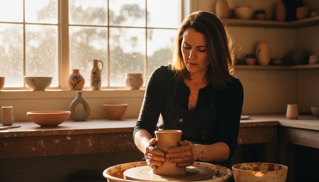 An epic moment captured: a passionate local artisan in The Basin creating ceramics, bathed in warm, cinematic light, embodying The Basin authentic brand photography.
