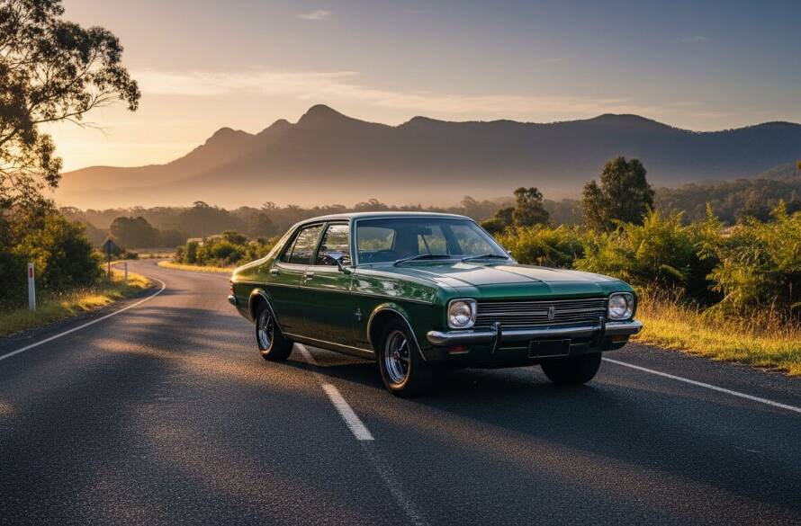 An epic moment captured in The Basin classic car photography Victorian excellence, showcasing a gleaming vintage Holden Kingswood parked majestically at sunrise, with the Dandenong Ranges as a dramatic backdrop, professional color grading.