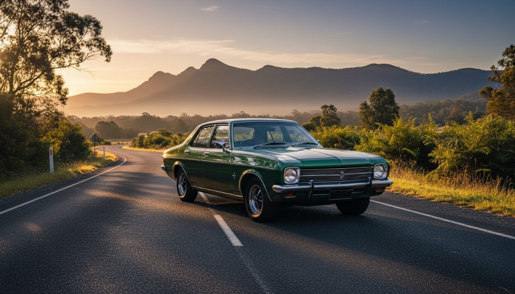 An epic moment captured in The Basin classic car photography Victorian excellence, showcasing a gleaming vintage Holden Kingswood parked majestically at sunrise, with the Dandenong Ranges as a dramatic backdrop, professional color grading.