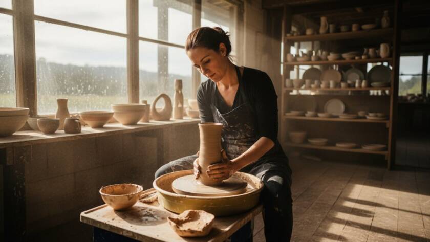 Dynamic wide shot showcasing The Basin Commercial Photography for Local Business Branding, featuring a local artisan passionately crafting pottery in a sunlit studio, surrounded by branded products, with dramatic, warm lighting highlighting their work and dedication.