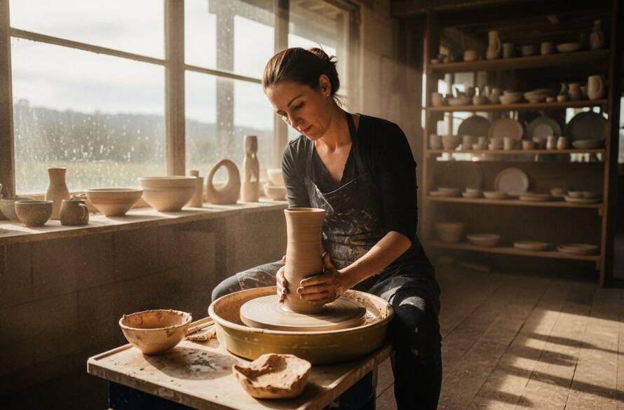 Dynamic wide shot showcasing The Basin Commercial Photography for Local Business Branding, featuring a local artisan passionately crafting pottery in a sunlit studio, surrounded by branded products, with dramatic, warm lighting highlighting their work and dedication.