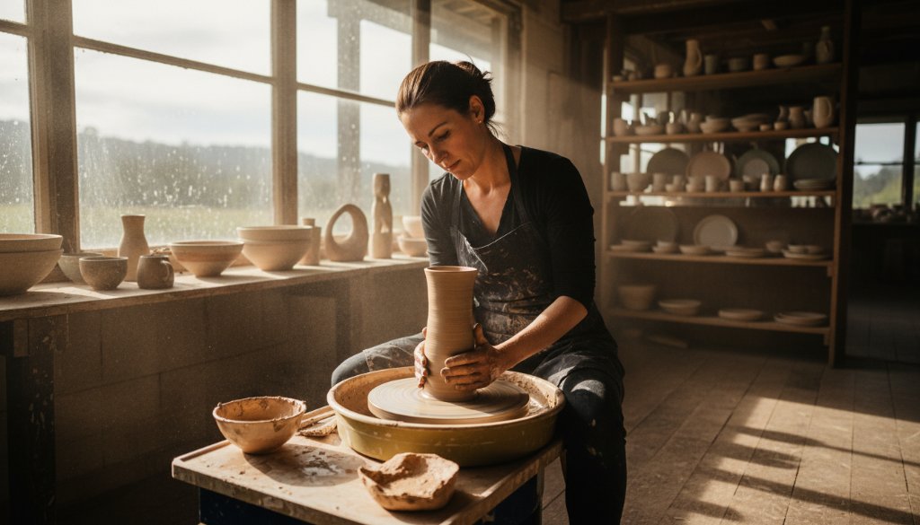 Dynamic wide shot showcasing The Basin Commercial Photography for Local Business Branding, featuring a local artisan passionately crafting pottery in a sunlit studio, surrounded by branded products, with dramatic, warm lighting highlighting their work and dedication.