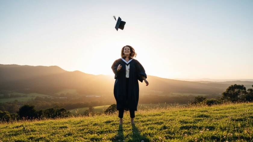 An epic moment of a joyful graduate tossing their cap high against a dramatic sunset backdrop over the Dandenong Ranges, celebrating their The Basin Graduation Photography Celebration with immense pride.