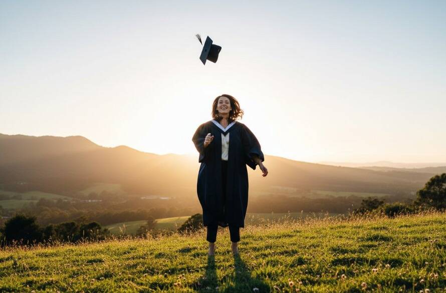 An epic moment of a joyful graduate tossing their cap high against a dramatic sunset backdrop over the Dandenong Ranges, celebrating their The Basin Graduation Photography Celebration with immense pride.