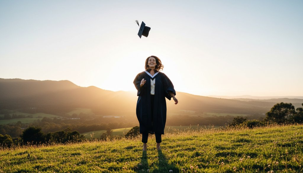 An epic moment of a joyful graduate tossing their cap high against a dramatic sunset backdrop over the Dandenong Ranges, celebrating their The Basin Graduation Photography Celebration with immense pride.
