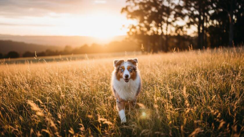 An epic moment capture of a majestic golden retriever mid-leap, fetching a toy against the stunning, sun-drenched backdrop of a lush, green Dandenong Ranges hillside near The Basin, Victoria. The Basin pet photography memorable outdoor portraits in dramatic, professional color grading.