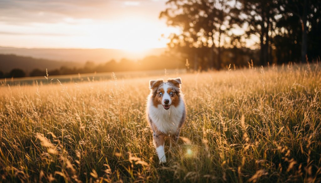 An epic moment capture of a majestic golden retriever mid-leap, fetching a toy against the stunning, sun-drenched backdrop of a lush, green Dandenong Ranges hillside near The Basin, Victoria. The Basin pet photography memorable outdoor portraits in dramatic, professional color grading.