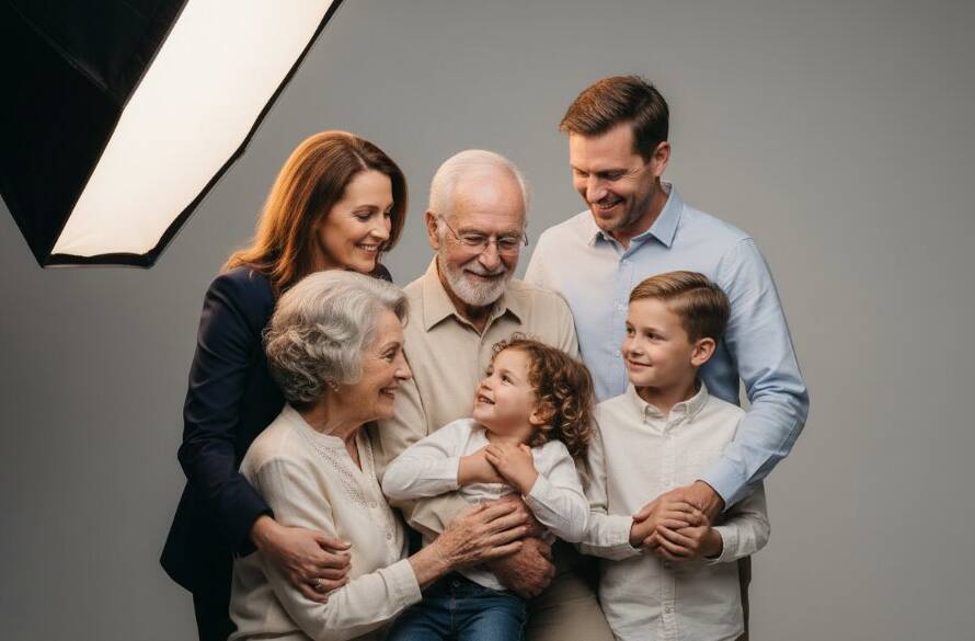 A heartwarming, cinematic studio photograph capturing The Basin Studio Photography for Timeless Family Portraits Victoria, showing a multi-generational family embracing with soft, dramatic lighting, celebrating a shared moment of joy and connection.
