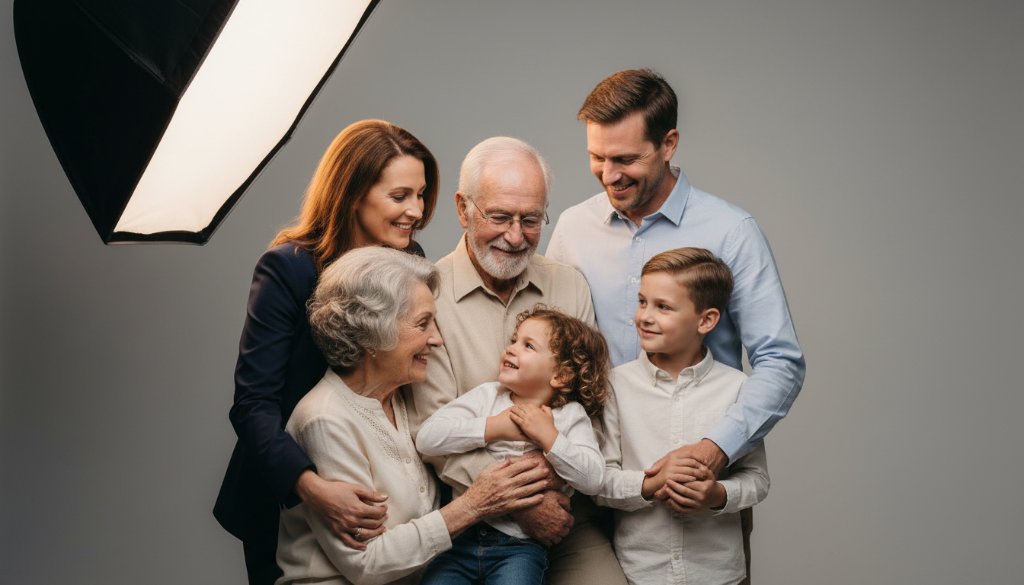 A heartwarming, cinematic studio photograph capturing The Basin Studio Photography for Timeless Family Portraits Victoria, showing a multi-generational family embracing with soft, dramatic lighting, celebrating a shared moment of joy and connection.