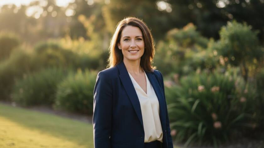 A striking professional portrait featuring a smiling business professional in a naturally lit outdoor setting in The Basin, showcasing vibrant professional headshots expertise with rich colours and a shallow depth of field, capturing an authentic, confident moment.