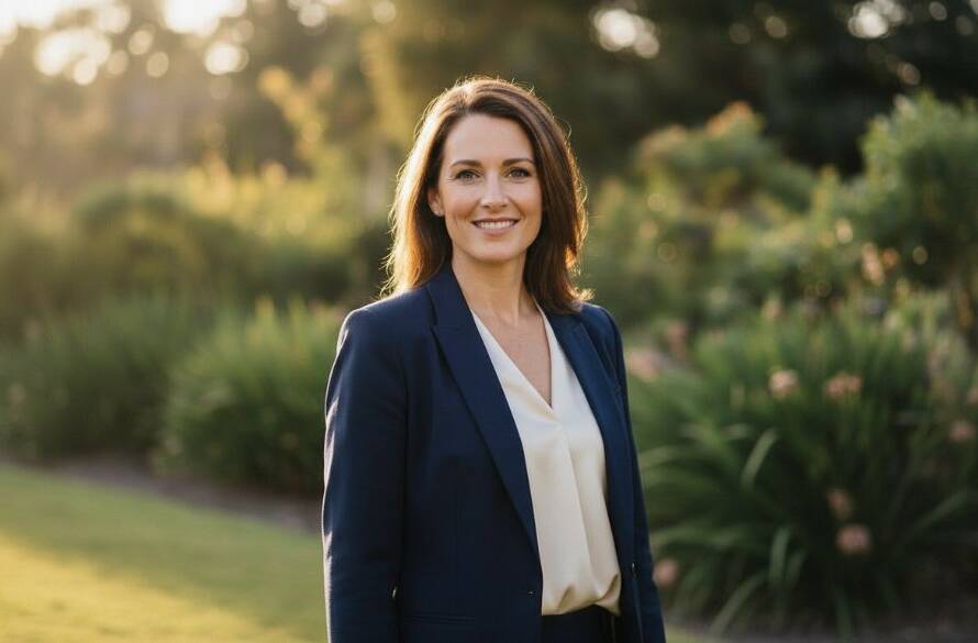 A striking professional portrait featuring a smiling business professional in a naturally lit outdoor setting in The Basin, showcasing vibrant professional headshots expertise with rich colours and a shallow depth of field, capturing an authentic, confident moment.