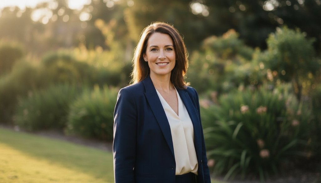A striking professional portrait featuring a smiling business professional in a naturally lit outdoor setting in The Basin, showcasing vibrant professional headshots expertise with rich colours and a shallow depth of field, capturing an authentic, confident moment.