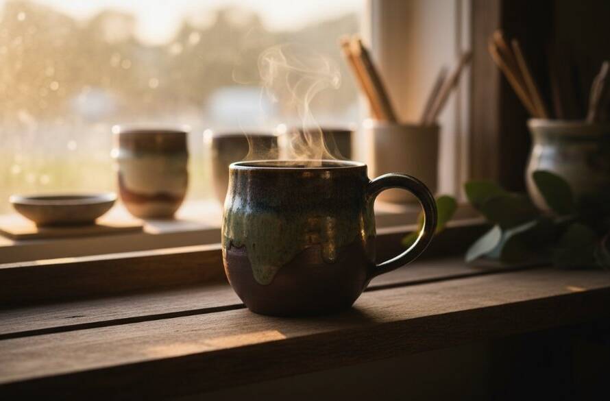 An epic moment captured: a close-up, dramatically lit image showcasing a meticulously crafted, locally sourced artisanal ceramic vase from The Basin, Victoria, with fine details highlighted, perfect for The Basin Victoria artisanal product photography.
